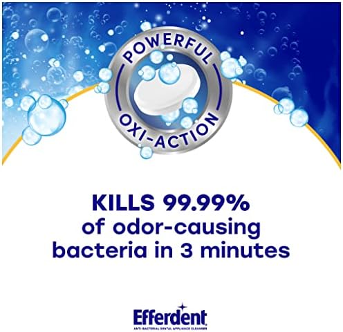 Efferdent denture cleanser tablets showing overnight whitening benefit for oral hygiene.