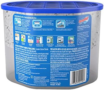 DampRid fragrance free 10.5 ounce tub showing moisture trapping crystals.