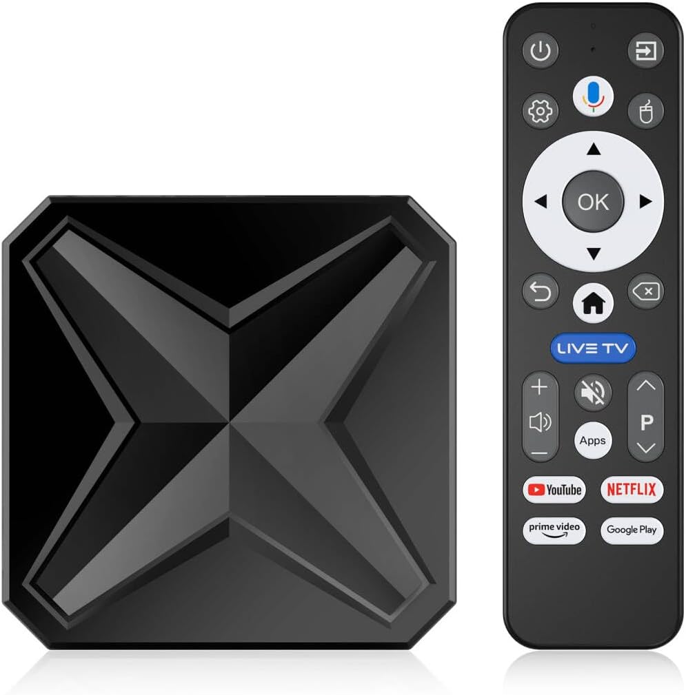 Vhxsin Android 14 TV Box front view with remote