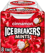 Ice Breakers Cinnamon sugar free breath freshener container showing the dual opening lid