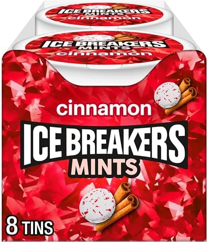 Ice Breakers Cinnamon sugar free breath freshener container showing the dual opening lid