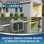 Organic Plumber brand packaging showing beneficial bacteria and enzyme features