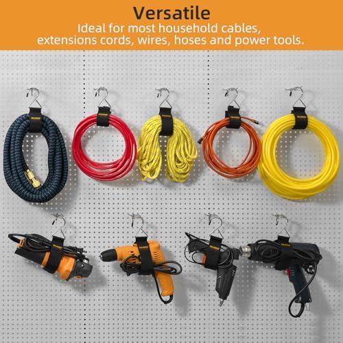 Trilancer storage straps 6 pack holding a coiled orange power cable hanging on a garage wall hook.