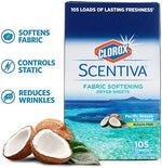Clorox Scentiva wrinkle reducing dryer sheets 105 count packaging display