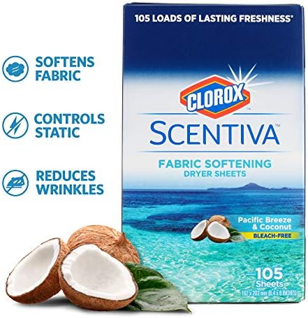 Clorox Scentiva wrinkle reducing dryer sheets 105 count packaging display