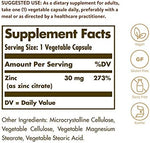 Solgar Zinc Citrate supplement facts panel showing 30mg dosage and premium ingredients