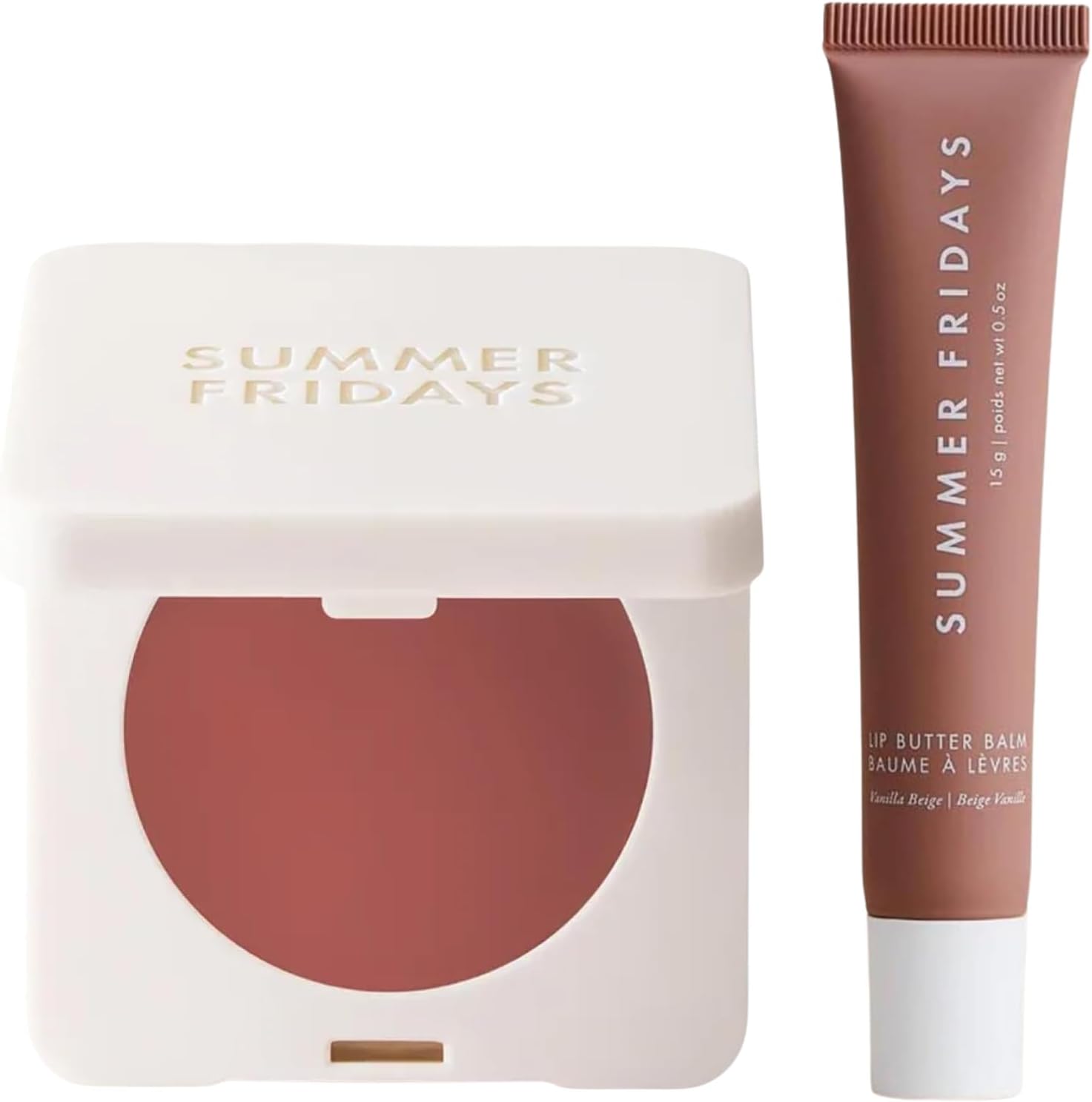 Summer Fridays Glow and Tint Essentials Set front view showing blush compact and lip balm tube