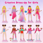 Child hand placing a magnetic dress accessory onto a Mocoosy wood fashion doll figure