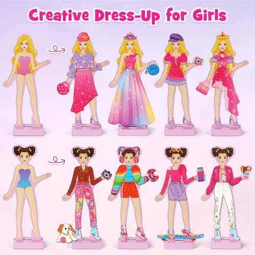 Child hand placing a magnetic dress accessory onto a Mocoosy wood fashion doll figure
