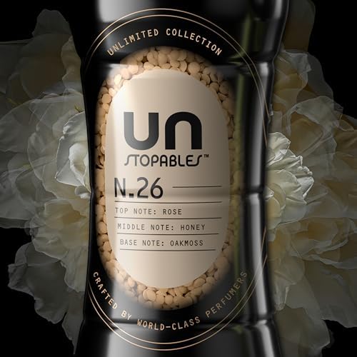 Downy Unstopables Number 26 in-wash laundry scent granules bottle showing rose and oakmoss fragrance details.