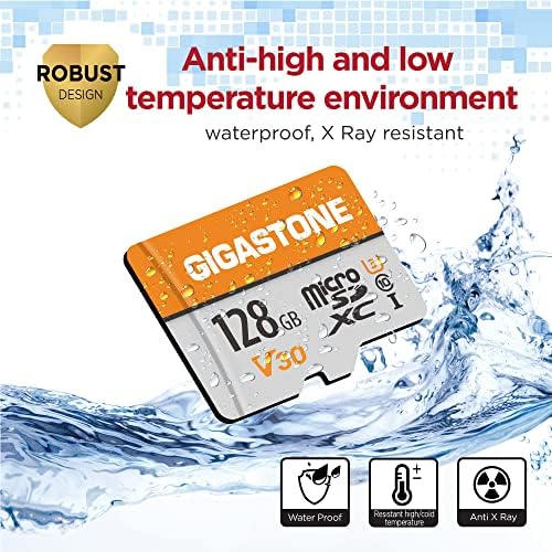 Gigastone 128 gigabyte storage cards showcasing waterproof and shockproof design