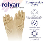 Rolyan medical compression glove flat lay showing beige fabric