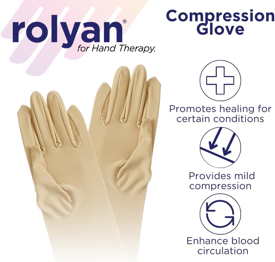 Rolyan medical compression glove flat lay showing beige fabric
