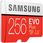 Samsung 256GB EVO Plus microSDXC memory card front view showing red and white design