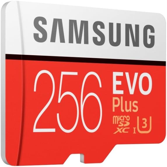 Samsung 256GB EVO Plus microSDXC memory card front view showing red and white design