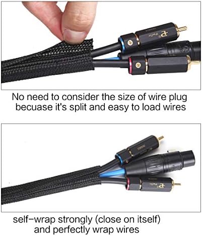 Alex Tech split cable sleeve demonstrating the self-wrapping open design around a power cord.