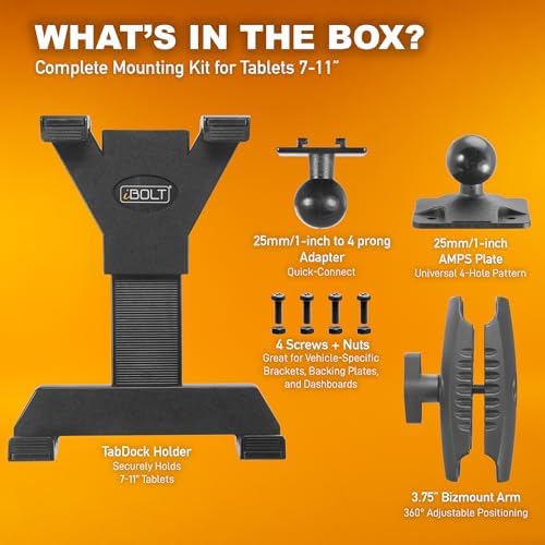 Ibolt Bizmount multi angle tablet holder components including screws and dual ball joint arm.