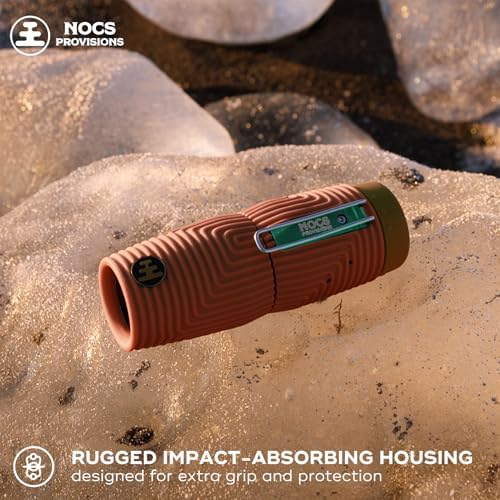 Nocs Provisions premium outdoor monocular lens alignment showing compatibility with a smartphone camera for long distance photography.