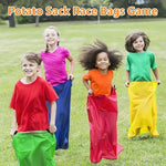Kids and adults playing with colorful outdoor race sacks