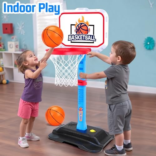 Toddler playing with Tsomtto mini basketball hoop set.