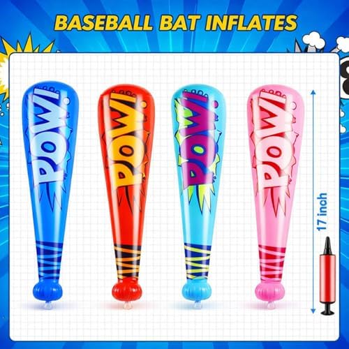 Close up of colorful inflatable baseball bats with POW design