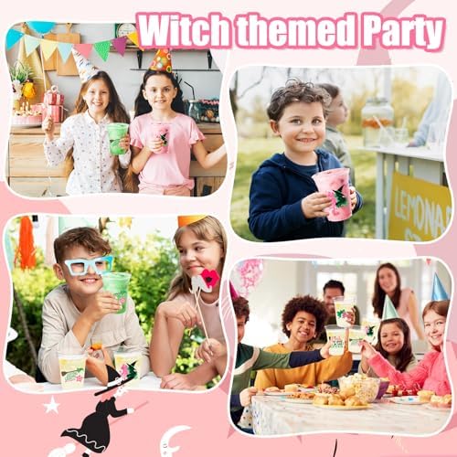 Table setting featuring decorative witch theme plastic party cups