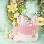 Pink cotton rope bunny storage basket showing detachable rabbit ears