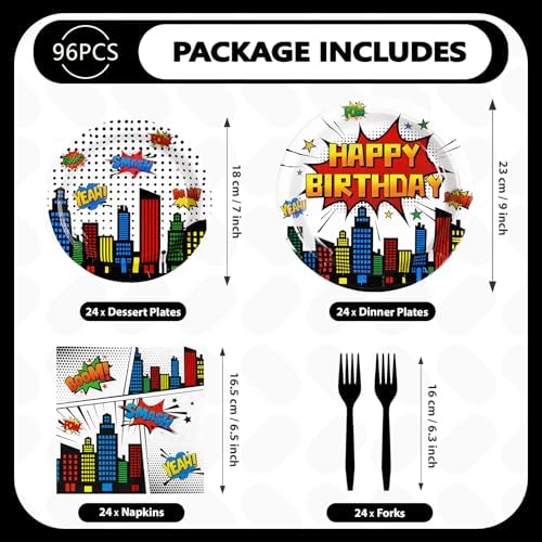 Close up of comic theme plates and napkins for parties