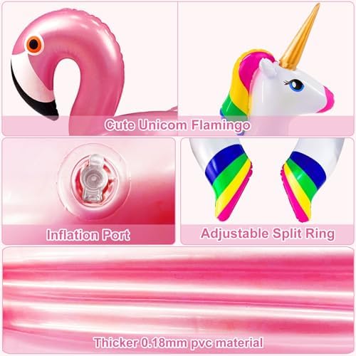 Kids using unicorn and flamingo inflatable floats in a pool.