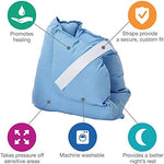 Adjustable blue and white foot pillows for bedridden patient heel protection.