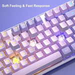 Angled perspective of the durable violet purple computer mouse and matching membrane keyboard