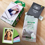 Complete Fujifilm Instax Mini camera accessory kit including ISO 800 film rolls and premium microfiber cloth.