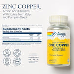 Solaray Zinc Copper immune support supplement supplement facts label showing dosage information.