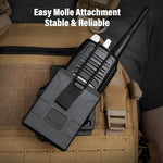 Rear view of the Gun & Flower radio pouch highlighting the three-inch heavy-duty MOLLE mounting adapter.