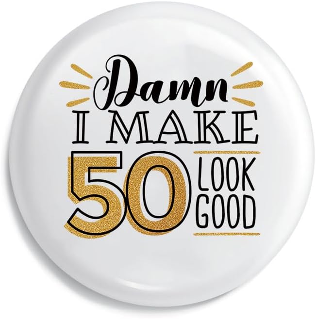 SEBMNOO 50th birthday button badge front view featuring gold glitter typography on a white background.