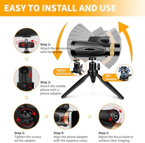 Complete kit view of the KTBDING monocular telescope package including the tripod and phone adapter accessories.