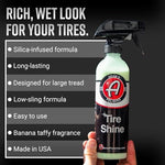 Close up of Adam's Tire Shine spray bottle with silica formula label