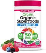 Orgain Superfoods Powder with Amazing Grass Booster packaging layout showcasing ingredient details