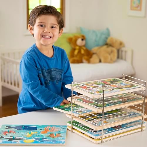 Melissa and Doug metal single wire puzzle organizer case side angle view