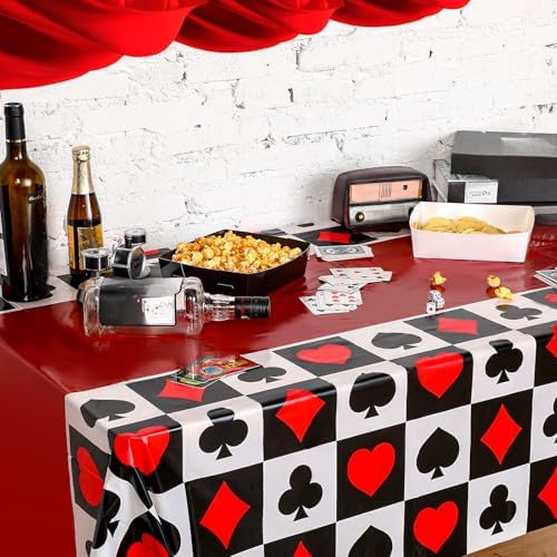 Side view of the casino theme party decorations setup using the Hosuly premium playing card pattern tablecloth.