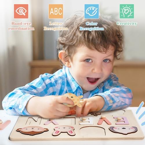 The premium imported Montessori name puzzle arranged on a play mat to show its educational and aesthetic appeal.