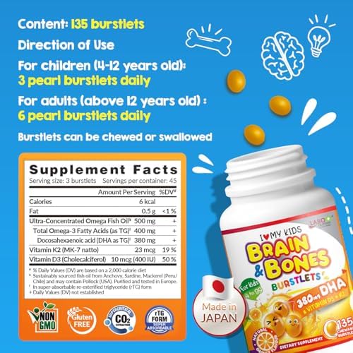 Authentic USA imported kids Omega 3 DHA supplement packaging with orange flavor details