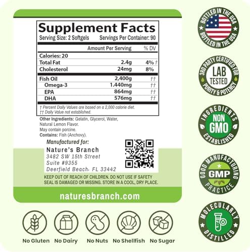 Nature's Branch 180 count softgels container displaying the certified FSSAI importer compliance information.