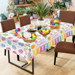 Litmitfu disposable rectangular spring floral table cover spread across a large dining room table setup