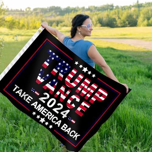 Outdoor garden display of Trump Vance 2024 banner