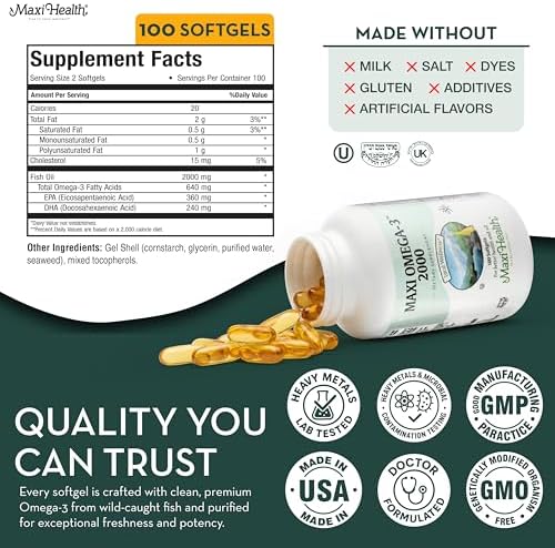 Maxi Health premium kosher vitamins triple strength fish oil 100 softgels visual product description