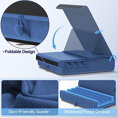 KDD tablet pillow stand being wiped clean with a damp cloth showing premium wipeable polyester fabric