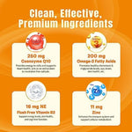 Vegan pectin based NEVISS CoQ10 antioxidant gummies displayed next to the premium packaging container.