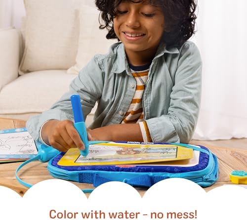 Close-up of the large refillable water pen tracing an ocean scene card to reveal hidden colors.