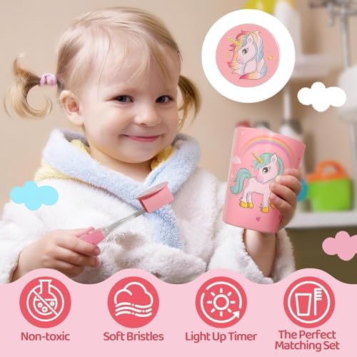 Two pack of Lily's Home flashing timer toothbrushes in unicorn variant with accessories.